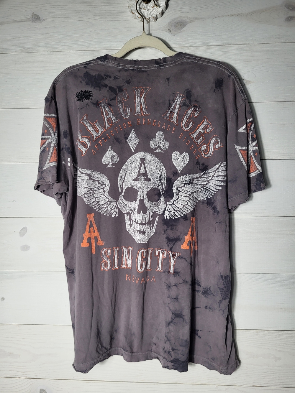 Affliction Live Fast T-Shirt Black Aces Skull Sin City Nevada Cotton Distressed.